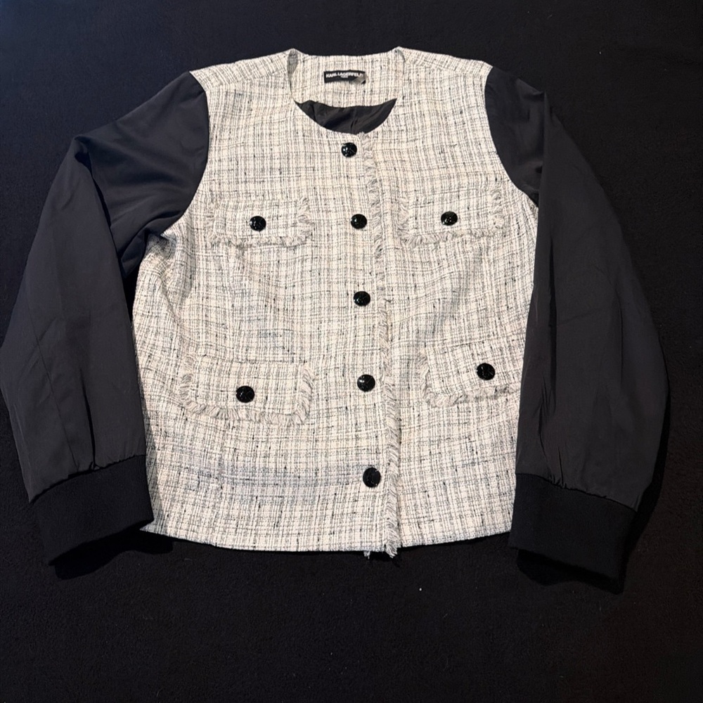Karl Lagerfeld Paris Tweed Bomber Jacket‎ Black And White Women’s Size Large